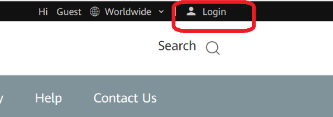 Przycisk Login w prawym górnym rogu strony Huawei